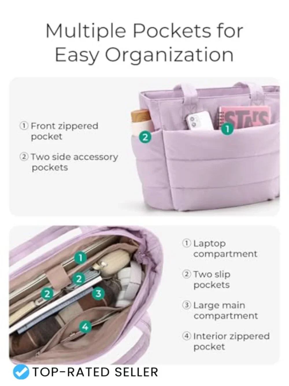 Lightweight Puffy Tote Bag with Compartments Shoulder Handbag for Travel Work